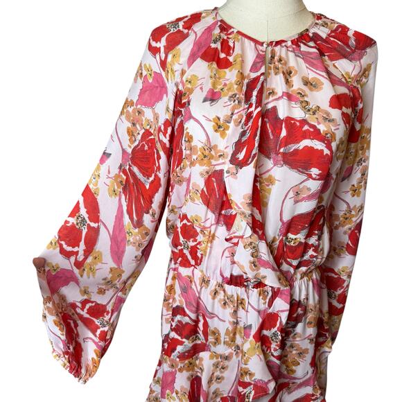 Parker Bertie Silk Mini Dress Floral Blouson Ruffle A-line size Large - Picture 2 of 6
